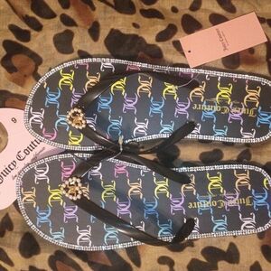 Juicy Couture Heart Rhinestone Bling Flip Flops Multicolor Logo Print Size 9